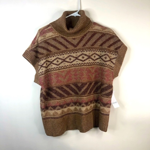 Design History brown pink tribal print turtleneck short sleeve vest sweater L - Picture 2 of 10
